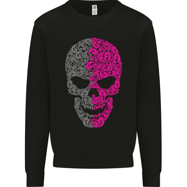 Pink and Grey Skull Pattern Gothic Biker Mens Sweatshirt Jumper