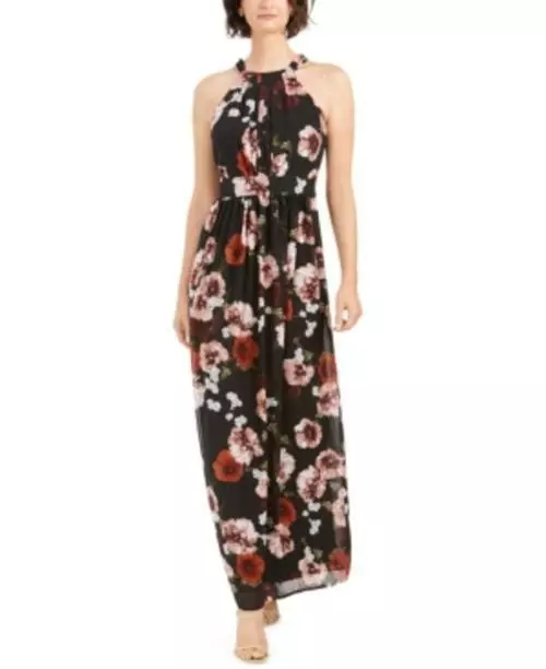 MSRP $100 Inc Floral-Print Halter Maxi Dress Black Size 6 (Torn)