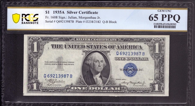 1935 A $1 Silver Certificate Note Fr.1608 Qb Block Pcgs B  Gem Unc 65 Epq (987B)