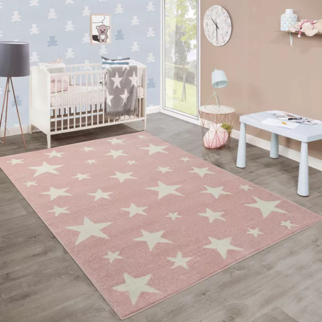 Moderner Kurzflor Kinderteppich Sternendesign Kinderzimmer Pastell Rosa Weiß