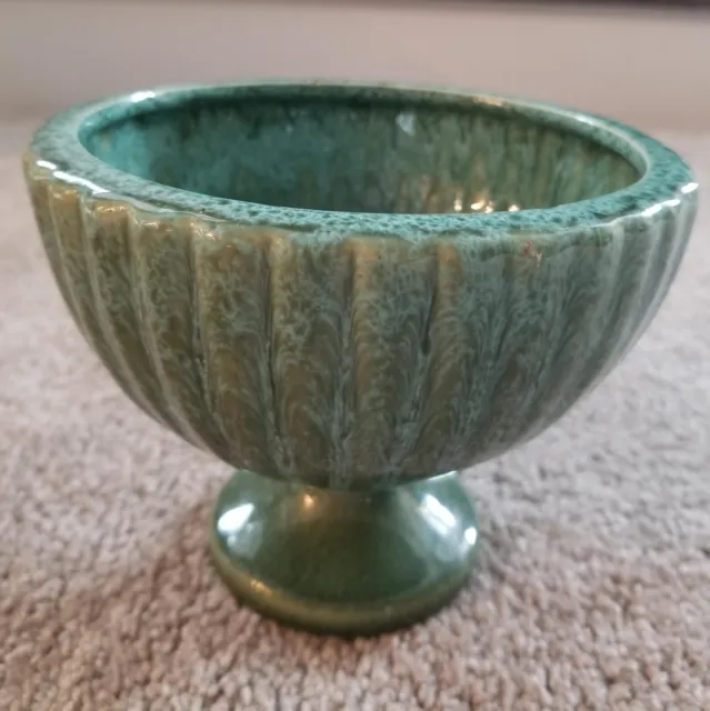 Vintage HAEGER pottery green turquoise drip glazed ribbed pedestal planter bowl