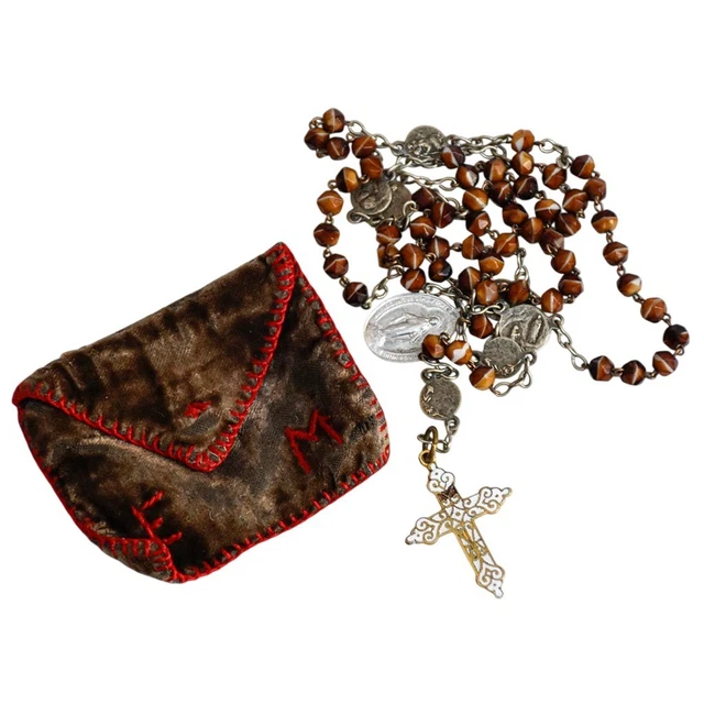 CHAPELET ANCIEN PERLES NACRE CROIX ALU/RESINE SOUVENIR de LOURDES RELIGION D