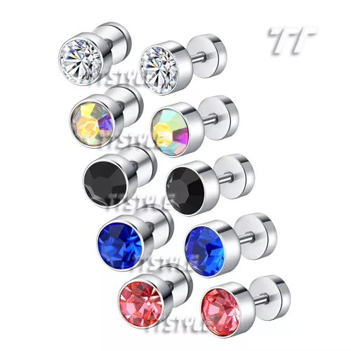 TT Surgical Steel Round Fake Ear Plug Earrings Crystal A Pair (BE97)