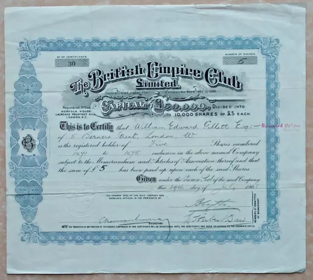 share certificate - 1908 The British Empire Club Ltd - possibly a chess club