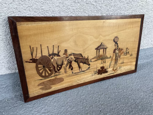 Vintage BEAUTIFUL Inlaid Marquetry Wood Indian Farm Figural Landscape Art Plaque