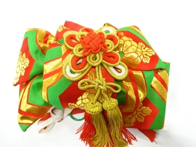 40739# Japanese Kimono / Ribbon Tsukuri Obi For Girls / Woven Kikko With Flower