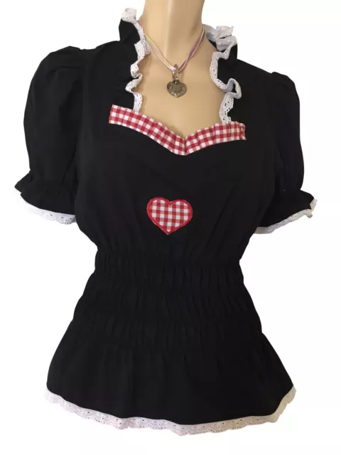 Camicia folcloristica donna camicetta dirndl nera rossa vegana cuore smok a quadretti pizzo
