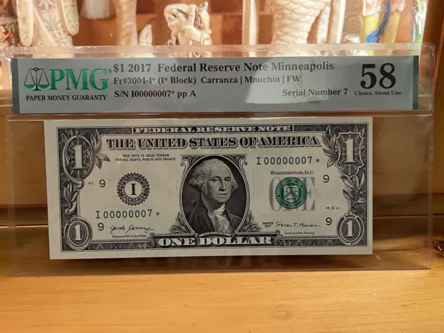 Low Serial Number 1 Dollar 2017 PMG 58 Minneapolis Federal Reserve STAR Note #7