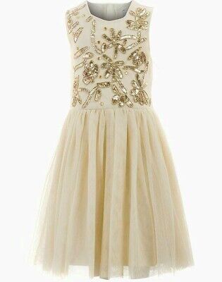Girls Outfit Occasion Party Dress Gold Sequin Tulle Mesh Sleeveless Sparkly NEW