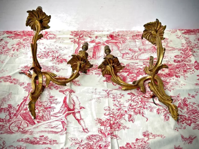 ANTIQUE FRENCH CANDLE SCONCES PAIR BRONZE ORMOLU ROCOCO LOUIS XVI STYLE 1900s