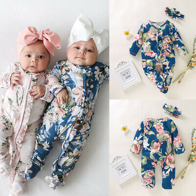 Infant Baby Girl Boy Footed Sleeper Romper Button Headband Newborn Outfits Set