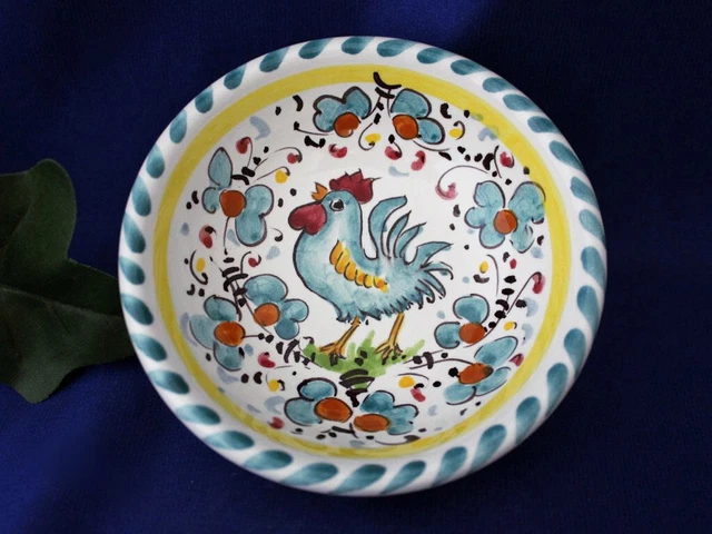 Italian Pottery Orvieto Tuscan Rooster Green Olive Oil Dipping Bowl Dish