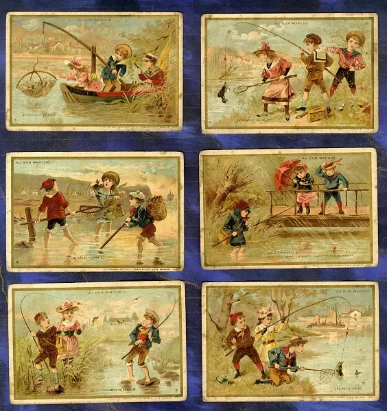 S�rie 6 Chromos Au BON MARCHE bm185 MINOT old Trade Card P�che Fishing Enfants