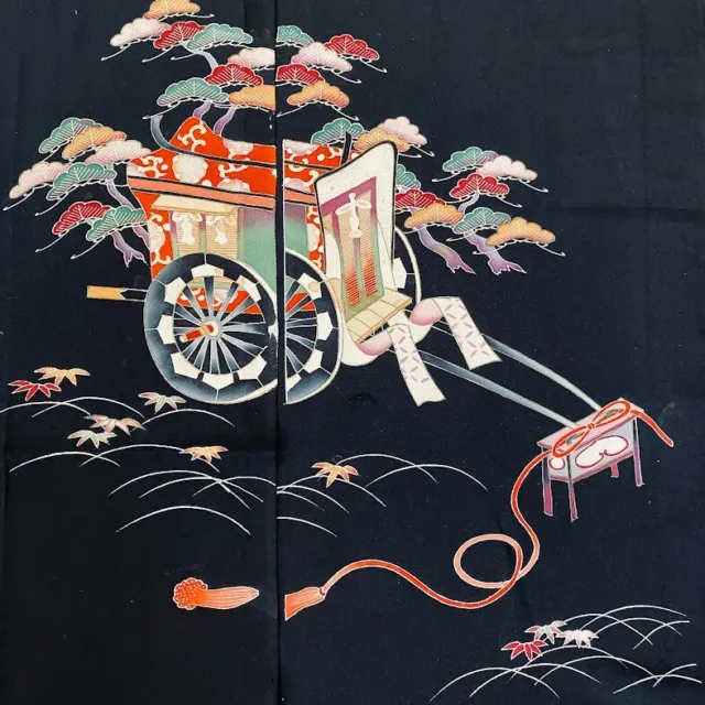 Goddess #Cset 2 panels LONG Hand Painted Vintage Tomesode Black Kimono Silk ToE9