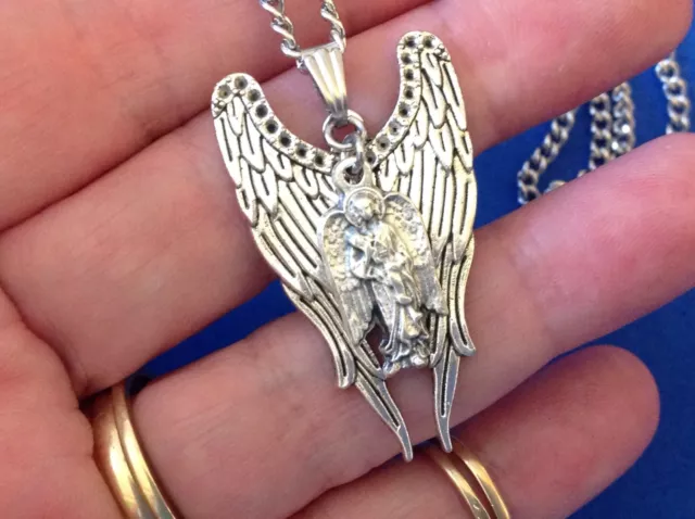 CUSTOM ARCHANGEL St GABRIEL Saint Medal NECKLACE Pendant Double Angel Wings A2