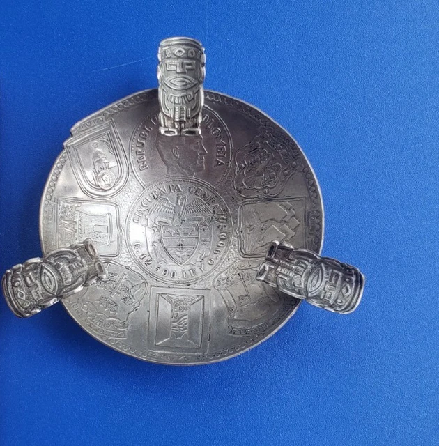 Vintage Silver Tone Republica Columbia Centavos Footed Ashtray