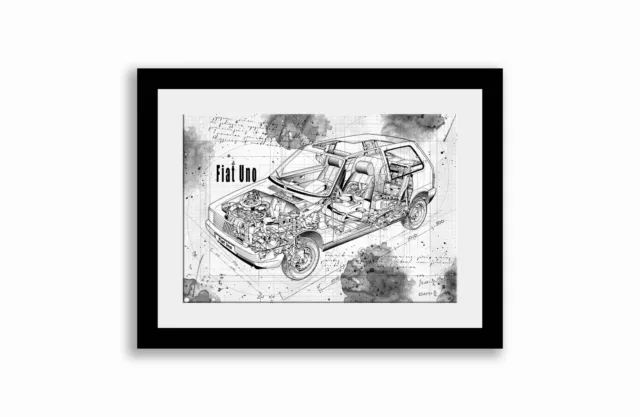 Line Tech Drawing  Fiat Uno  Cutaway Art Poster Print