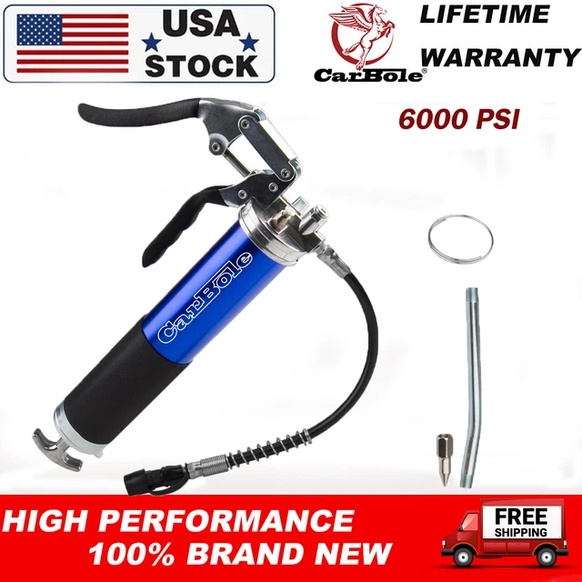 Heavy Duty 6000psi Grease Gun Pistol Grip w/ 12" Flex Hose Manual 14oz Cartridge