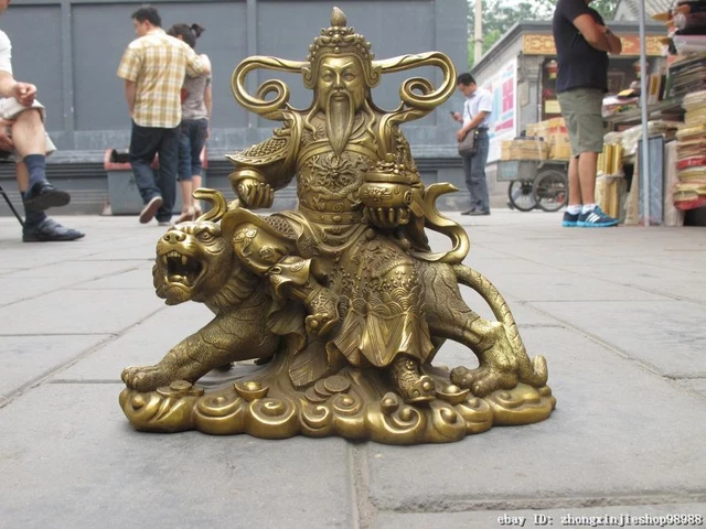 10"INCH Tibet Fane Pure Brass exquisite carve god wealth Buddha on Tiger statue