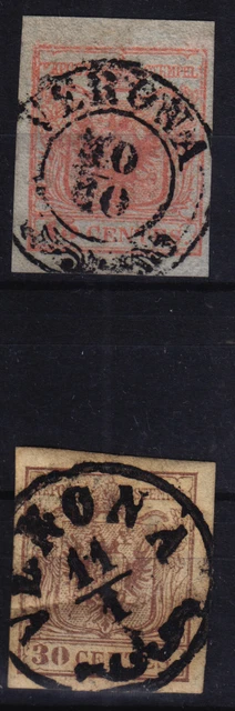 LOMBARDEI-VENETIEN 1850 2Stk.Marke:-15C, und -30C, Verschiedene VERONA. Schön!