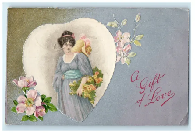 1908 Valentine Victorian Girl In Heart Flowers Gift Of Love Embossed Postcard