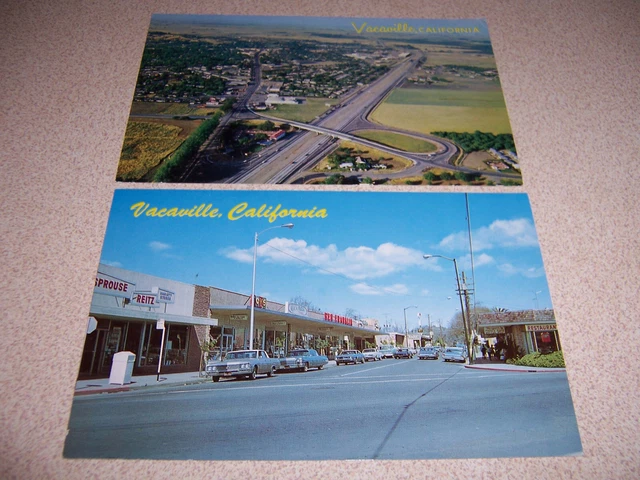 1960s AERIAL-VIEW & MAIN STREET SCENE, VACAVILLE CA. VTG PHOTO POSTCARD LOT
