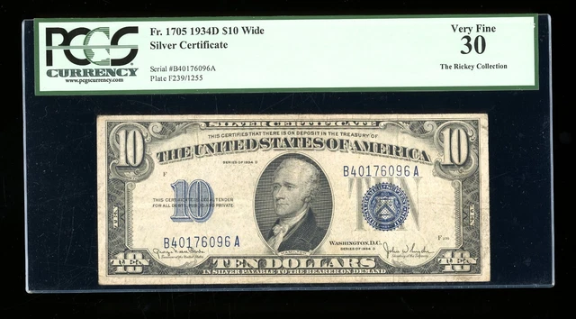 DBR 1934-D $10 Silver Wide Fr. 1705W PCGS 30 Serial B40176096A