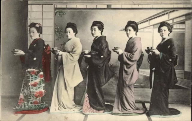 Beautiful Japanese Women Having Tea Ethnic Costumes c1910 Vintage Postcard