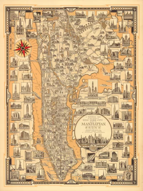 Early Pictorial Map Manhattan Bronx New York Wall Poster Print Vintage History