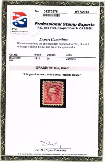 Scott #375 Used Pse Cert Graded Vf 80J Jumbo - Dealer Estate Close-Out