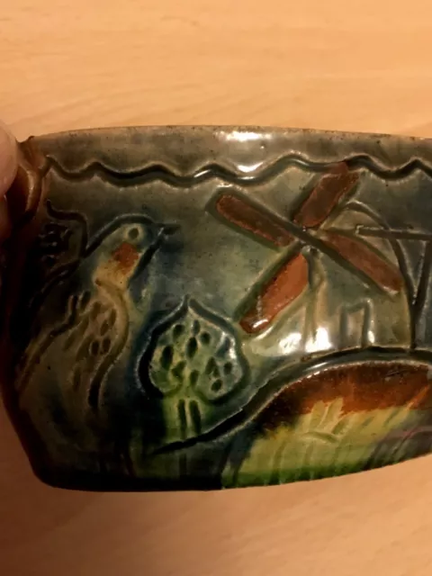 Dutch Delft Majolica Oval Twin Handle Bowl Flowers Bird House Boat Windmill