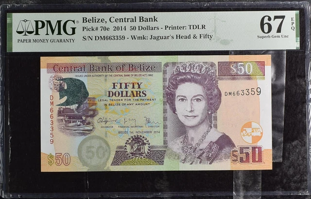 Belize 50 Dollars 2014 P 70 e Superb Gem UNC PMG 67 EPQ
