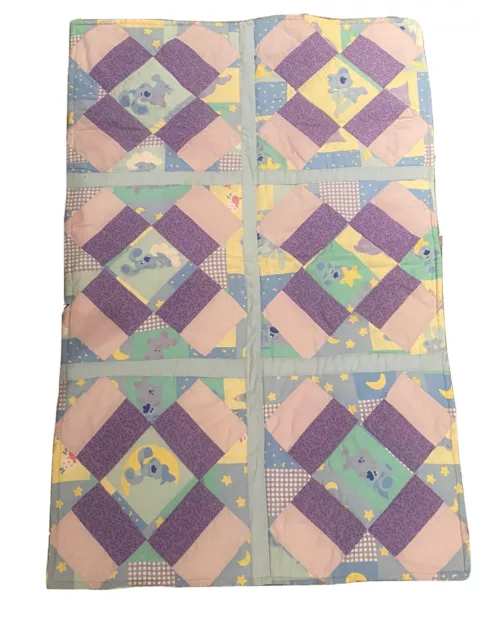 "Manta vintage rara de pistas azul bebé edredón azul púrpura mosaico 35"" x 23"