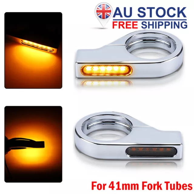 2X Chrome Motorcycle Amber LED Indicator Turn Signal Lights for 41mm Fork Tubes