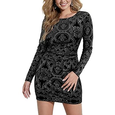 $108 GUESS Glitter Low Back Long Sleeve Jewel Neck Body Con Dress Black SMALL