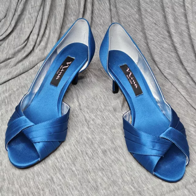 Nina New York Heels Women's 6 M Peacock Royal Blue Satin Heels Open Toe Leather