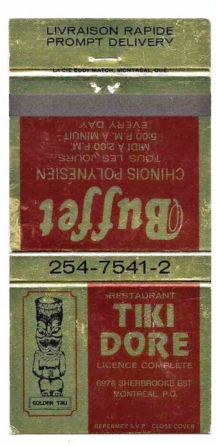Tiki: the Tiki Dore Buffet Restaurant Montreal Quebec Polynesian matchbook cover
