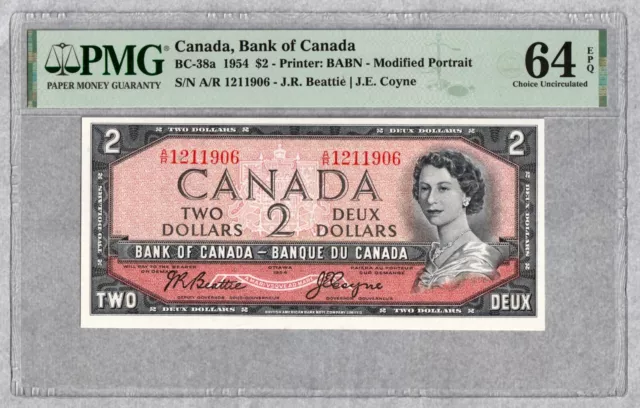 Canada 1954 $2 Banknote, Short Run A/R, PMG UNC 64 EPQ