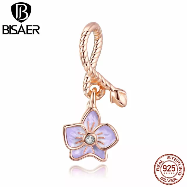 Bisaer Women Authentic S925 Sterling Silver Phalaenopsis Bead Charm Fit Bracelet