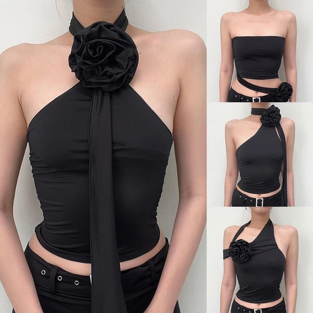 Donna Sexy Top Corto Fiore Canotta Estate Slim senza Spalline Schienale, Maniche