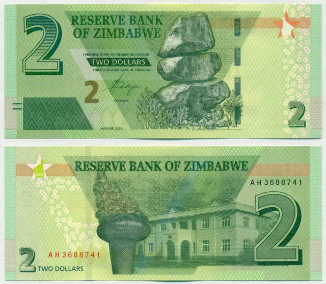 Zimbabwe Note 2 Dollars 2019 P 101 Unc