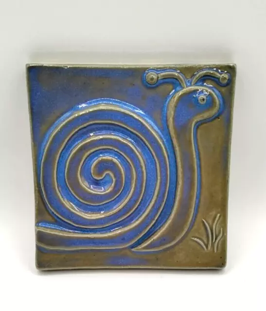 VTG Blue Green Snail Large Tile Arts & Crafts Marilyn Appleman Clay Apple Studio