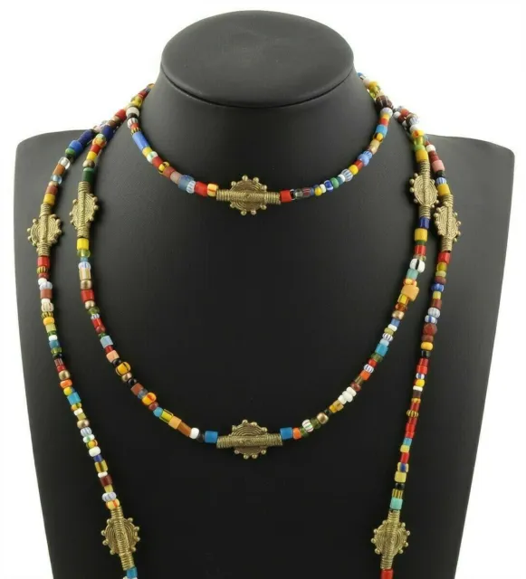 Old Christmas glass seed Beads LARIAT necklace African brass handmade jewelry