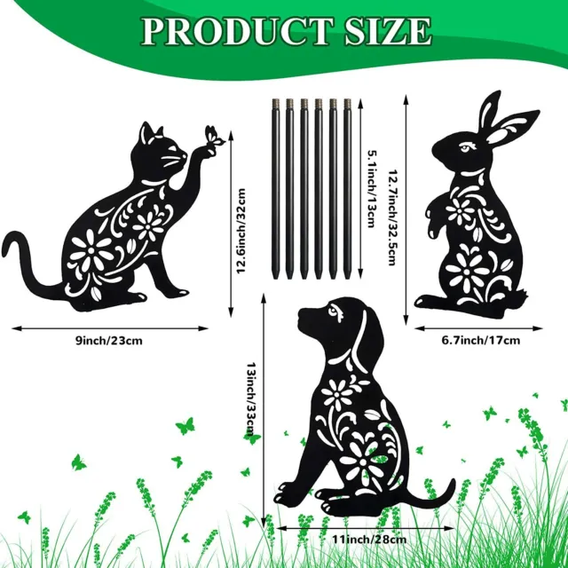 3 Pieces Animal Silhouette Garden Stake Puppy Dog Bunny and Cat Silhouette Stake 2