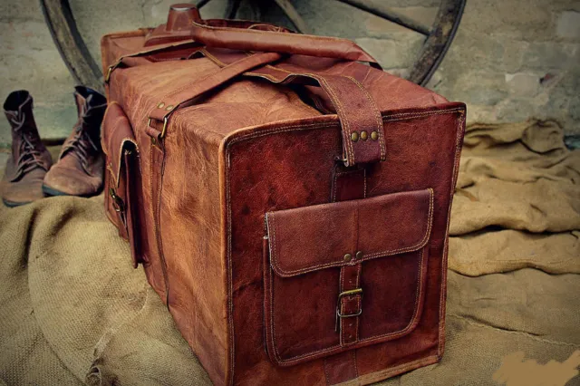 New Men Brown Vintage Genuine Leather Cowhide 24" Travel Luggage Duffle Gym Bag