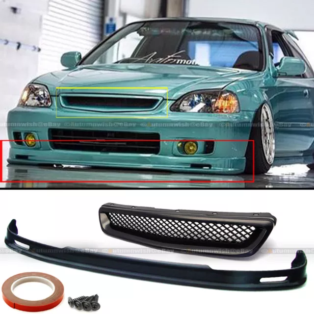 Fits 99-00 Honda Civic EK 2DR 3DR 4DR Mugen Style Front Bumper Lip + Mesh Grille