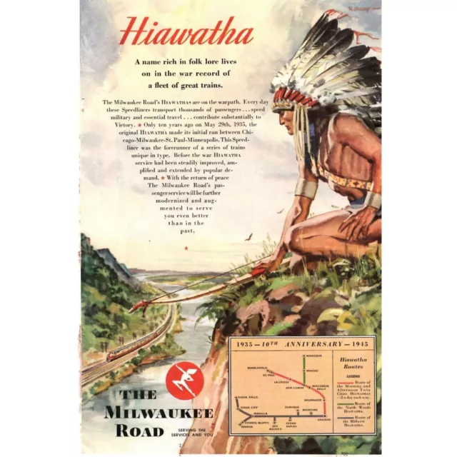 Hiawatha The Milwaukee Road Railroad 1945 Advertising Print Ad 10th Anniversary