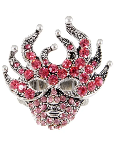 Adjustable Antique Silvery Tone Pink Mardi Gras Masquerade Party Mask Ring