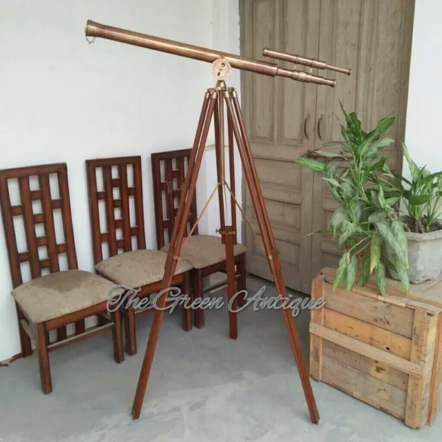 Telescope With Heavy Tripod Stand Maritime Antique Brass Double Barrel