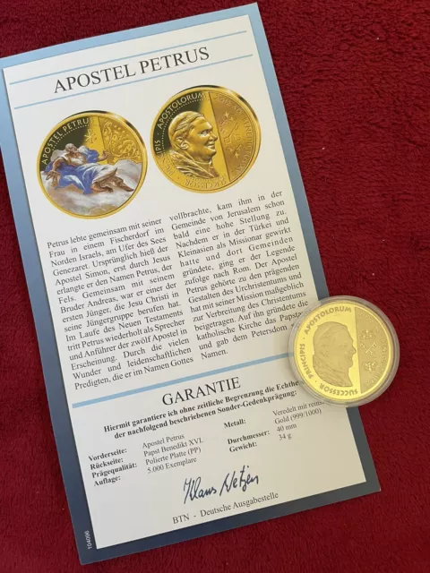 ❣️ Medaille Papst Benedict XVI  Apostel Petrus vergoldet mit Farbapplikation PP